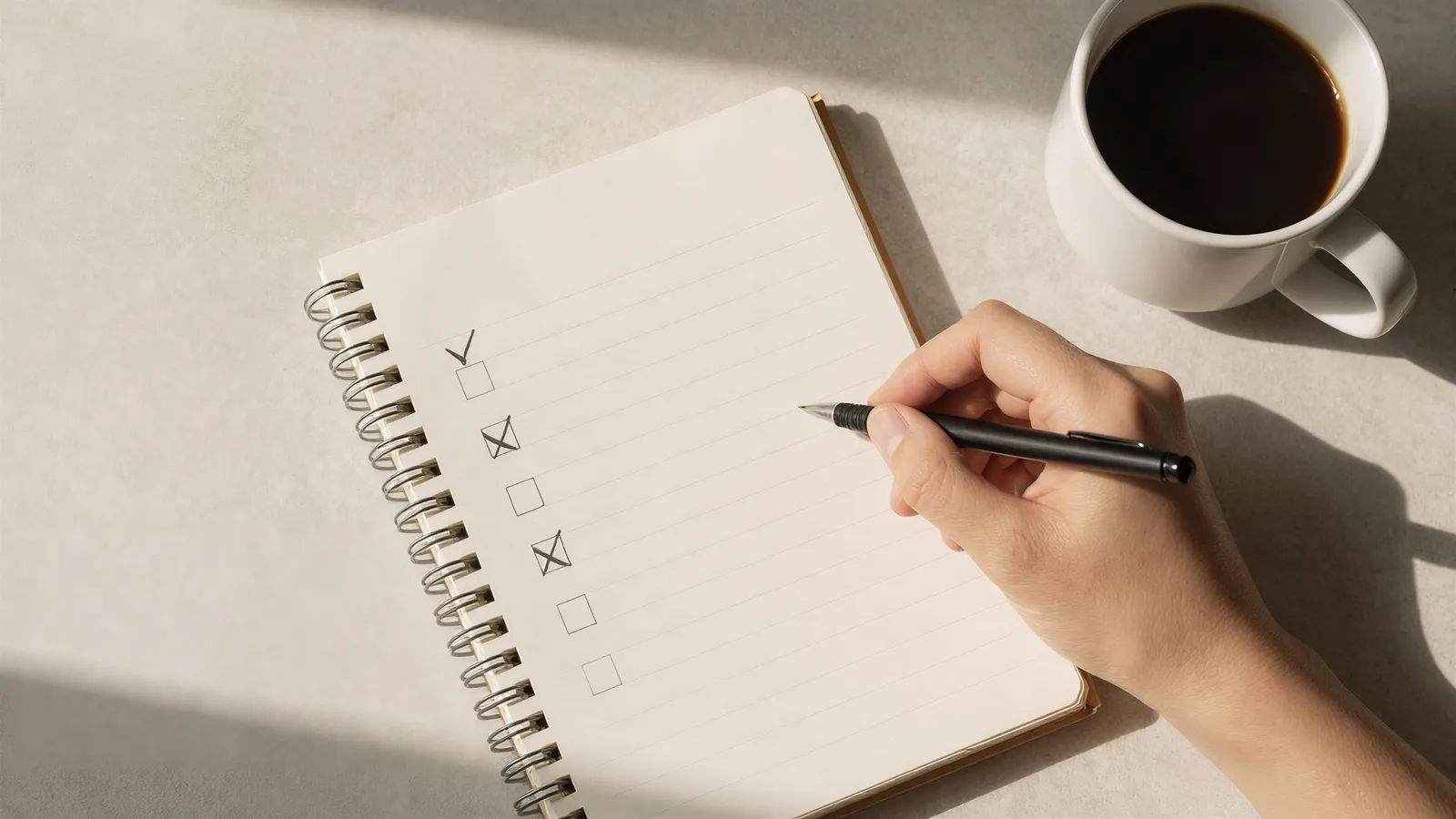 A hand ticking items off a checklist in a notebook beside a cup of coffee