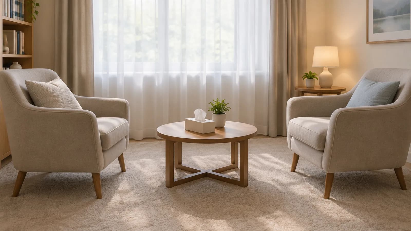 Two empty armchairs facing a coffee table in a calm room with a plant and a curtained window