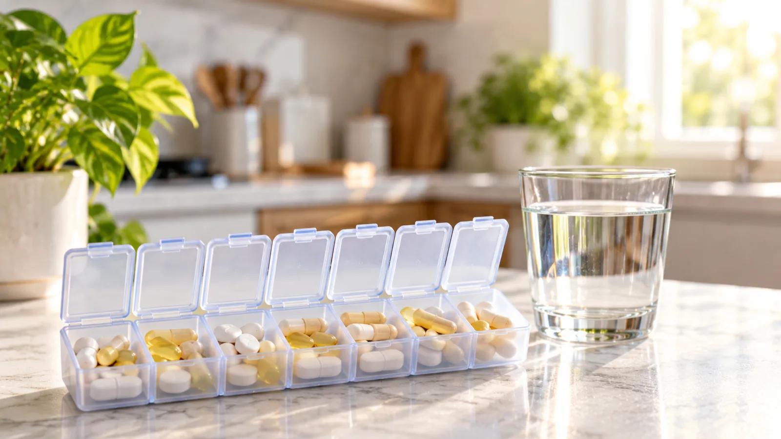 A weekly pill organizer with its lids open, holding tablets and capsules, beside a glass of water on a kitchen counter